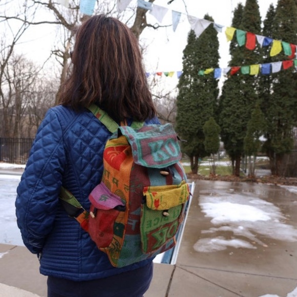 Eco Friendly Recycled Jute Rice Bag Bohemian Backpack Multi-Functional Storage - Picture 2 of 8